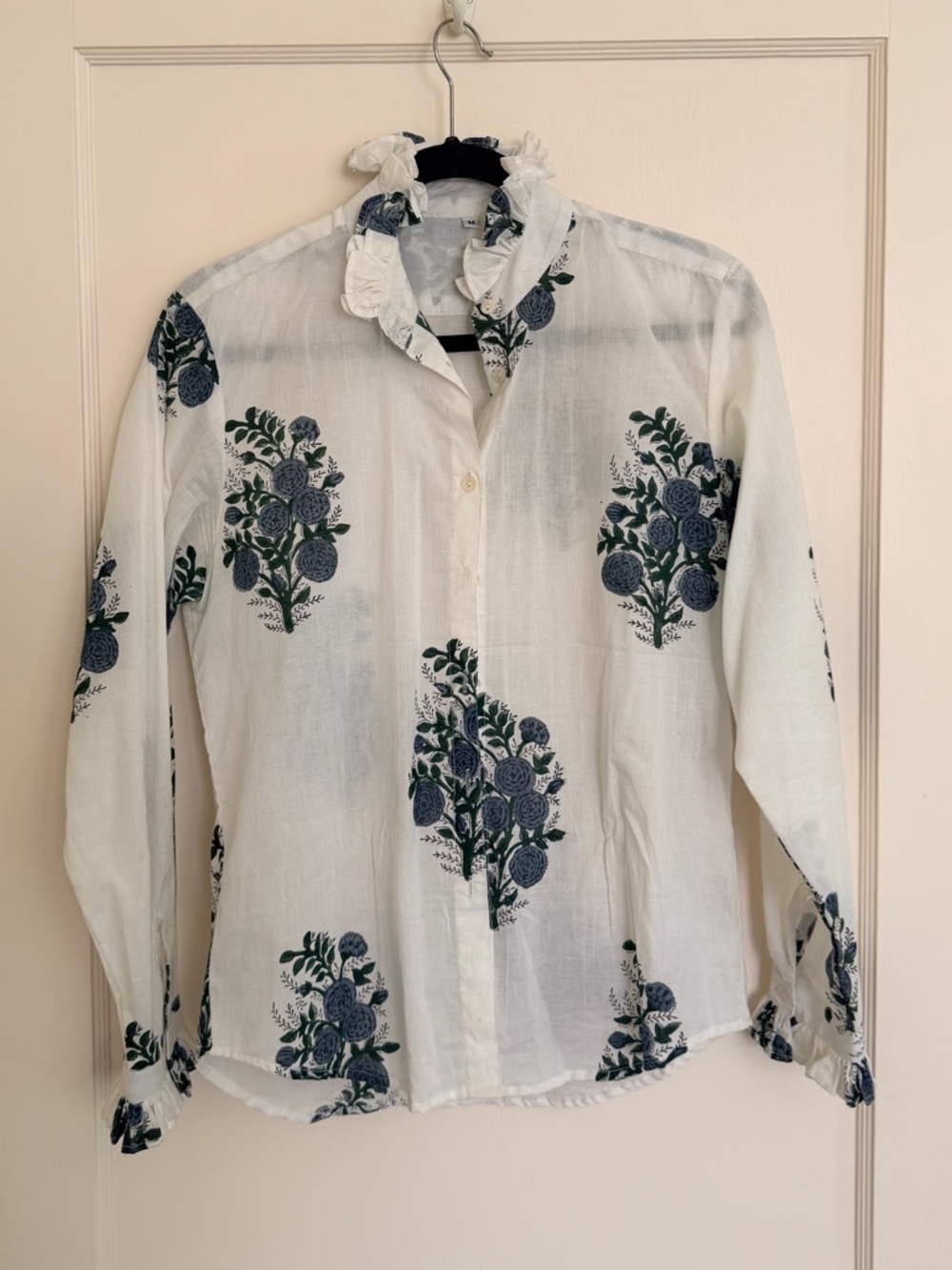100% Cotton Ruffle Neck Button Down Long Sleeve Floral Blockprint Blouse